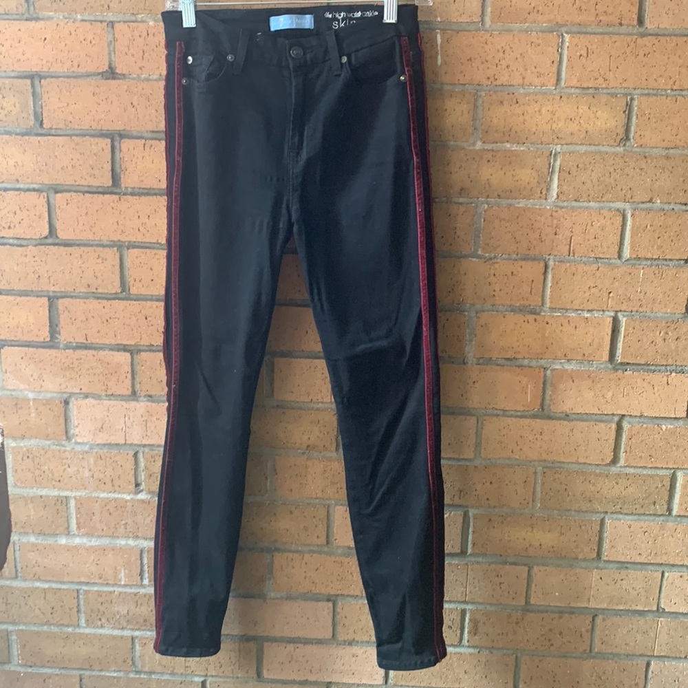 7 for all mankind size 27 black with red velvet decal, high waist skinny stretch